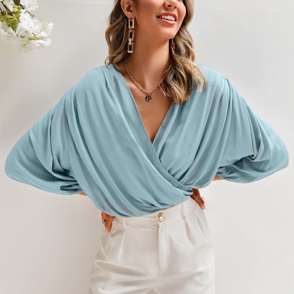 Dusty blue Satin silky lantern sleeve surplice Top - Picture 3 of 7